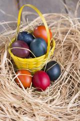 Colorful eastern eggs. Copy space. Selective focus