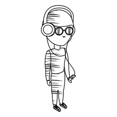 sketch of cartoon man standing and listening music with headphones over white background, vector illustration