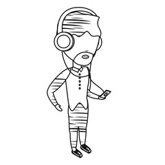 sketch of avatar man listening music with headphones over white background, vector illustration