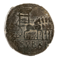 Roman Republic Coin. Ancient Roman silver denarius of the family Rubria. Reverse.