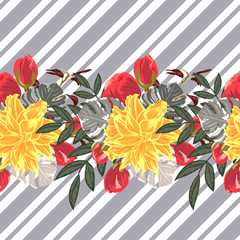 Seamless pattern with beautiful red and yellow flowers on striped background. Flower background for textile, cover, wallpaper, gift packaging, printing.Romantic design for calico, silk.