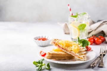 Hot fresh hawaii toast sandwich with ham, pineapple, tomato and cheese. Healthy summer food concept with copy space.