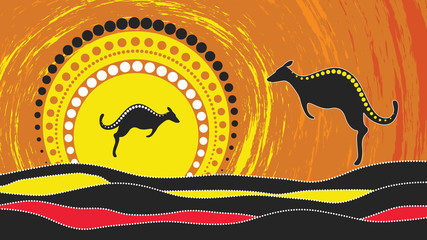 Aboriginal art vector painting with kangaroo. Illustration based on aboriginal style of landscape dot background.