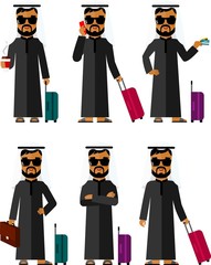 Set of businessman arab traveler with  baggage in different poses. Different muslim man tourist with luggage in flat style.
