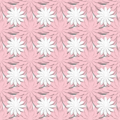 Seamless pattern with paper cut white and pink flowers. Vector template, for flyers, posters, covers, brochures, postcards. Volumetric background for wedding and other festive projects.