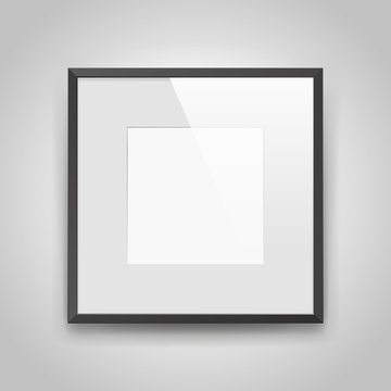 Realistic empty squre black frame with passepartout on gray background, border for your creative project, mock-up sample, picture on the wall, vector design object