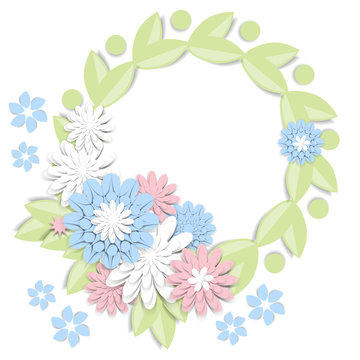 Greeting card with 3d paper flowers and frame for text. Romantic design with paper cut flovers in pastel colors. For invitations, wedding, birthday and other festive projects. Flower wreath.