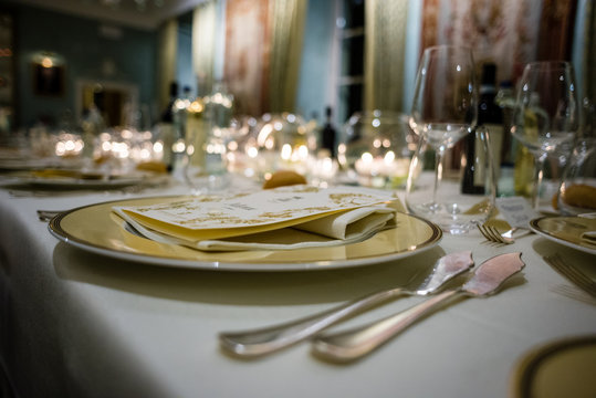 table in a luxury restaurant, set for a gala dinner