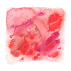 Bright pink and orange square painted in watercolor on clean white background