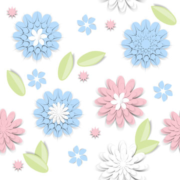 Seamless pattern with paper cut flowers in pastel colors. Vector template, for flyers, posters, covers, brochures, postcards. Volumetric background for wedding and other festive projects.