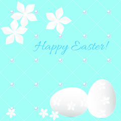 Easter spring greeting card, a banner on a blue background with pearls. Pastel colors. Vector illustration - 197468720