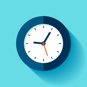 Clock icon in flat style, timer on blue background. Business watch. Vector design element for you project