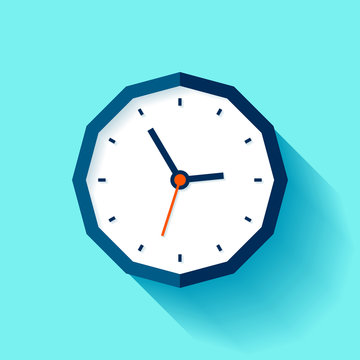 Polyhedron Clock in flat style, watch on blue background. Business icon for you presentation. Vector design object