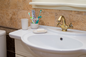 Interior Bathroom White Soap Toothbrush Mirror