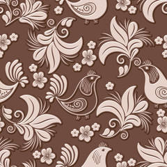 Vector volumetric flower and bird seamless pattern element. Elegant luxury embossed texture for backgrounds, seamless texture for wallpapers. Classical floral 3d ornament with shadows and highlights.