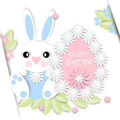 Happy Easter. Greeting card with 3d paper flowers, decorative egg and easter bunny. Romantic design with paper cut flovers in pastel colors.