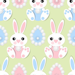 Happy Easter. Seamless pattern with 3d paper flowers, decorative egg and easter bunny. Romantic design with paper cut flovers in pastel colors.For banners, posters, textiles, gift wrapping.