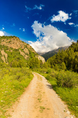 A dirt road in the Tien Shan mountains in the spring