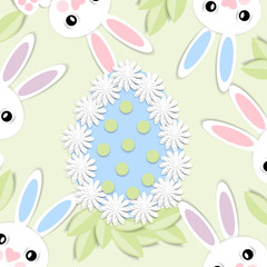 Happy Easter. Greeting card with 3d paper flowers, decorative egg and easter bunny. Romantic design with paper cut flovers in pastel colors.