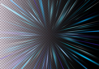 Vector illustration of high speed, motion light effect, light with lens flare. Starburst fast move on transparent background. Magic blue Rays.