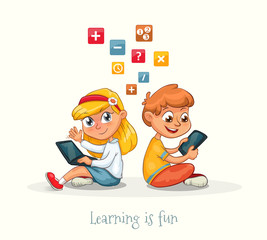 Illustration of a boy and a girl sitting with a laptop and tablet learning. Educational vector about the fun in study