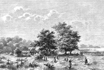 Familie bei der Heuernte 