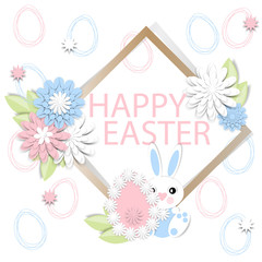 Happy Easter. Greeting card with 3d paper flowers, decorative egg and easter bunny. Frame for congratulations.