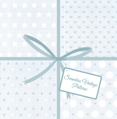 Vector illustration of geometric retro seamless patterns on fabric texture backgrounds, vintage light blue color linen cloth.