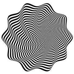 Abstract black and white striped shape. Geometric pattern with visual distortion effect. Optical illusion. Op art.Isolated on white background.