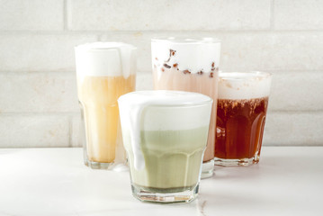 Trendy food and drinks, assortment 4 kinds of Cheese Tea with whipped cream cheese, on white background