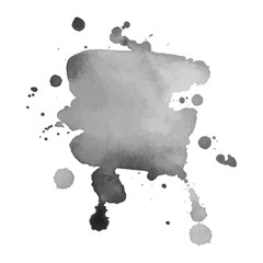 Gray watercolor spot with droplets, smudges, stains, splashes. Grayscale blot in grunge style.
