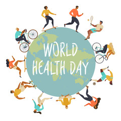 World Health Day 7th april. Active young people. Healthy lifestyle. Roller skates, running, bicycle, run, walk, yoga. Design element colorful. Vector illustrations. 
