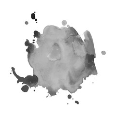 Gray watercolor spot with droplets, smudges, stains, splashes. Grayscale blot in grunge style.