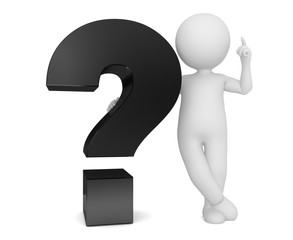 question mark 3d black interrogation point sign symbol icon stick figure man person pointing up advice assistance instructions template raised arm hand cut out isolated white background