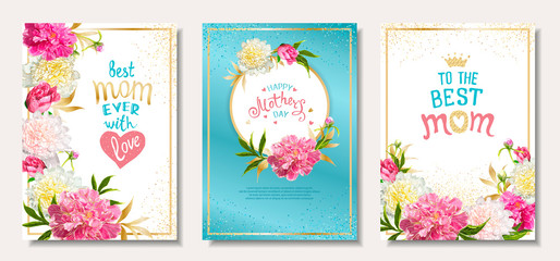 Happy Mothers Day. Set of three templates with pink peony flowers, hand-drawn lettering for BEST MOM, golden frame and and sequins. Template for greeting cards, invitations, posters, banners.