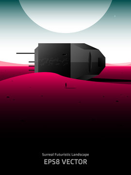 Surreal Futuristic Landscape With Abstract Building, Eps 8 Vector