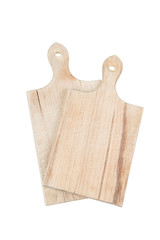 Two used wooden cutting boards isolated on white background. Kitchen accessories and equipment. Path saved, clipping path