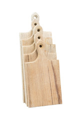 Set of used brown wooden cutting boards standing isolated on white background. Path saved, clipping path