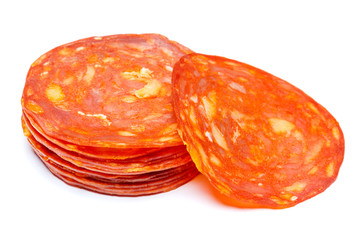 Italian Salami or spanish chorizo on white background