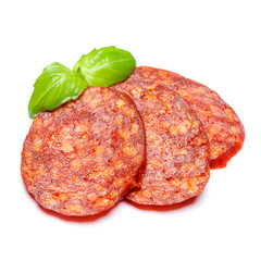 Italian Salami or spanish chorizo on white background