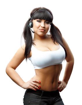 Sexy girl in headphones isolated on white background