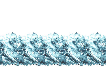 Watercolor seamless border, background. Wild flower dandelion, air dandelion, blue flowers, petals, leaves, grass, splash of paint. Abstract summer background. On an isolated white background. 