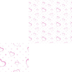 Light seamless pattern with pink silhouettes of heart and dots for holidays and packaging.