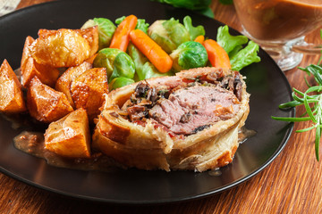 Pork tenderloin in wellington style in puff pastry