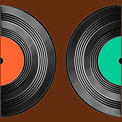 Vinyl plates on a dark background. In the style of retro