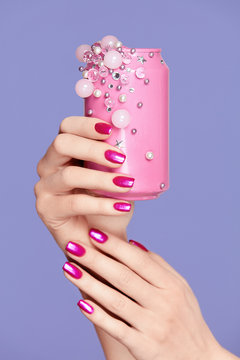 Pink Nails. Woman With Soda Can In Hands