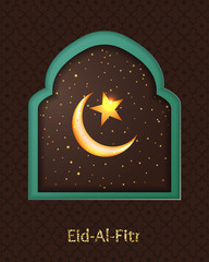 Eid-Al-Fitr greeting card with islamic crescent moon 3D and mosque paper.