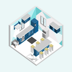 Blue Kitchen Isometric Home Interior Illustration Design