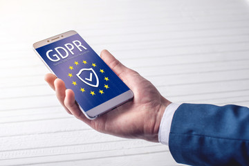 General Data Protection Regulation GDPR . The text with the EU flag depicted on tablet