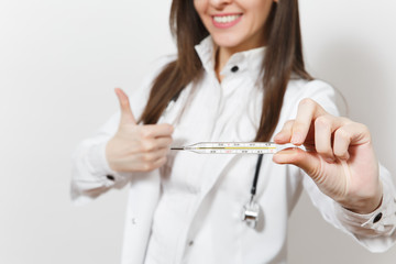 Close up cropped smiling doctor woman in medical gown with stethoscope, glasses showing thumbs up. Focus on clinical thermometer with normal temperature isolated on white background. Medicine concept.